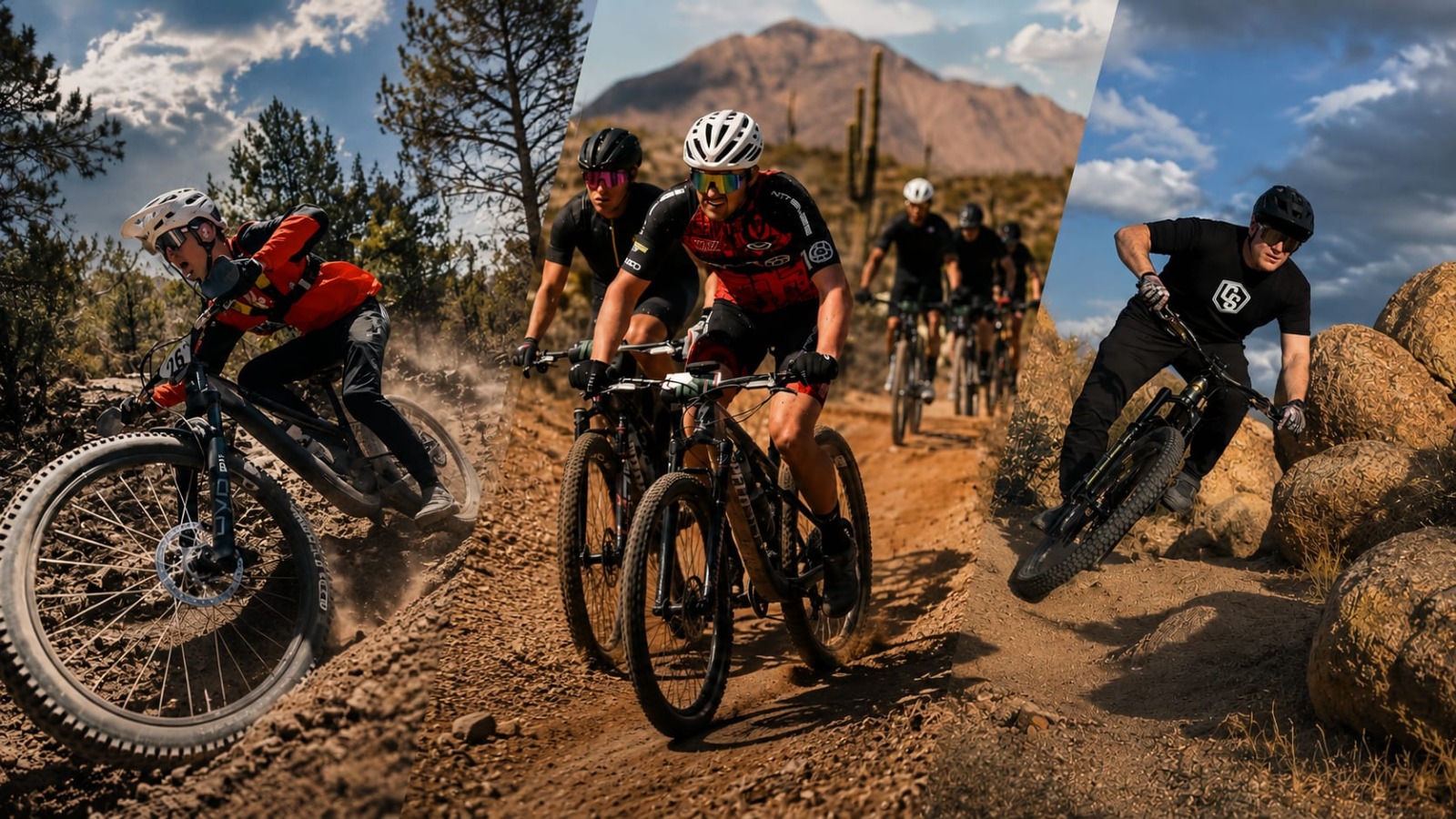 Mountain biker in CanyonSix performance sunglasses jumping a desert ridge at sunset
